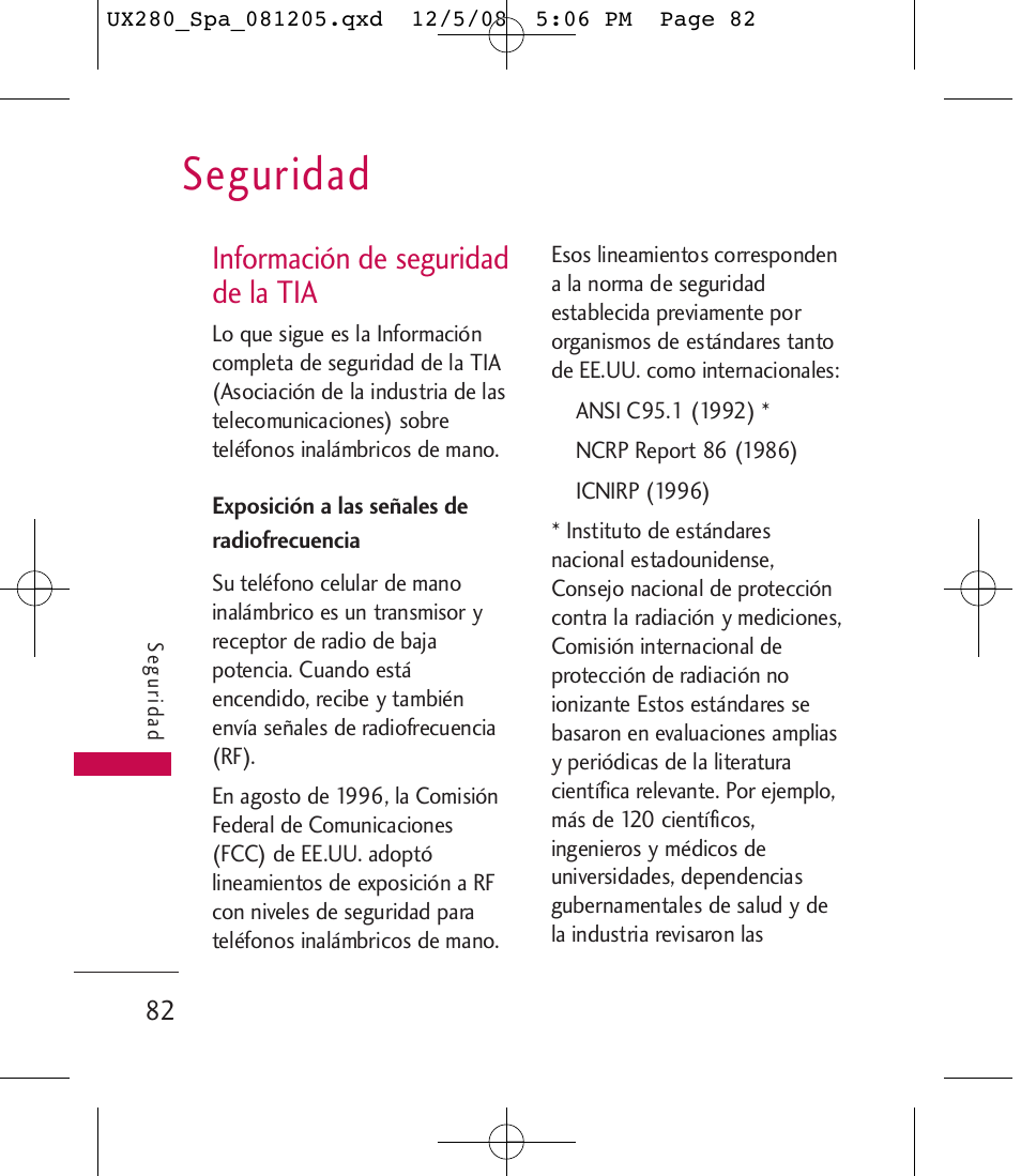 Seguridad, Información de seguridad de la tia | LG LGUX280 User Manual | Page 191 / 226