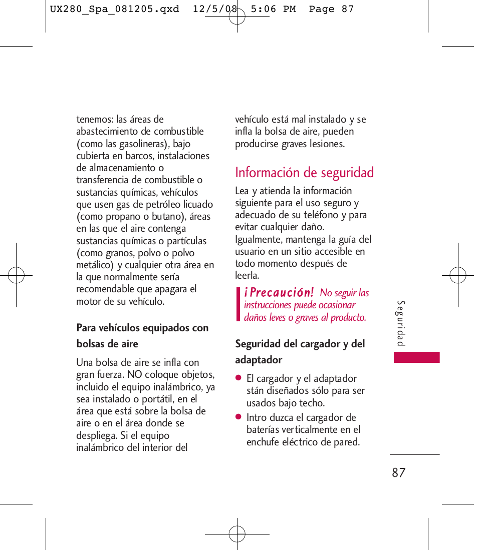 Información de seguridad, Pprreeccaauucciióónn | LG LGUX280 User Manual | Page 196 / 226