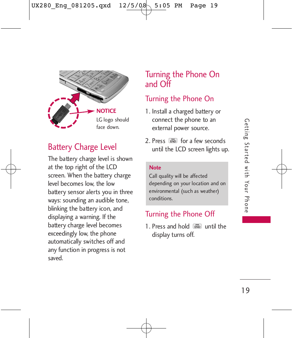 Battery charge level, Turning the phone on and off, Turning the phone on | Turning the phone off | LG LGUX280 User Manual | Page 21 / 226