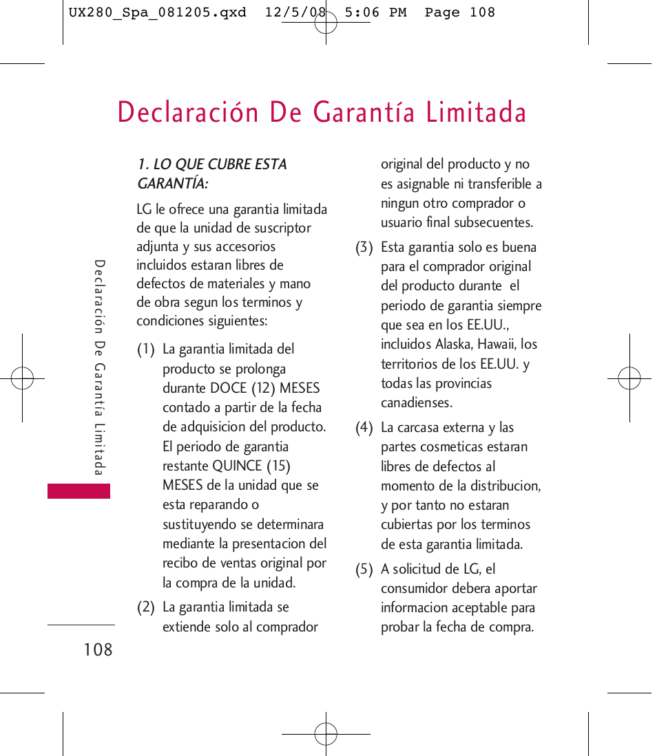 Declaración de garantía limitada | LG LGUX280 User Manual | Page 217 / 226