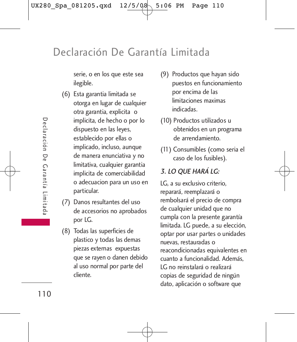 Declaración de garantía limitada | LG LGUX280 User Manual | Page 219 / 226
