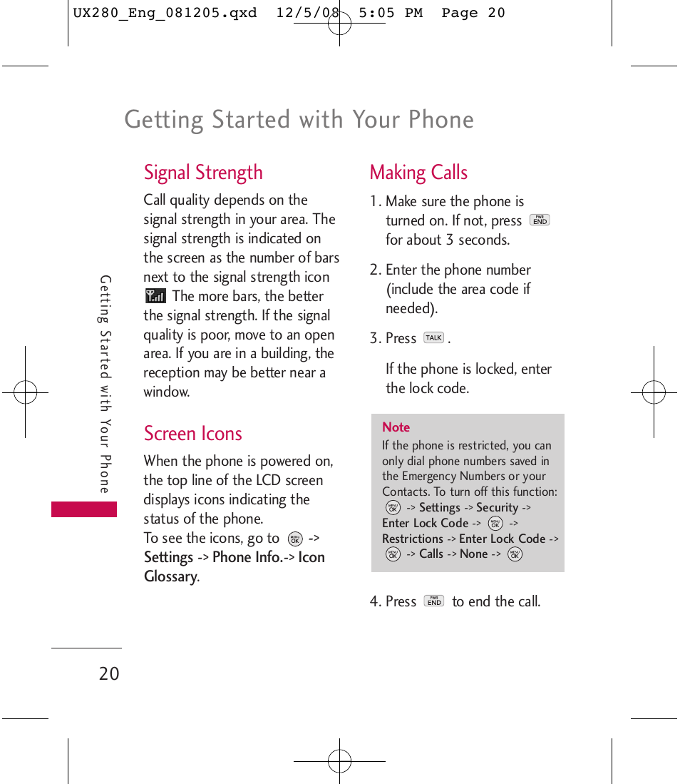 Getting started with your phone, Signal strength, Screen icons | Making calls | LG LGUX280 User Manual | Page 22 / 226