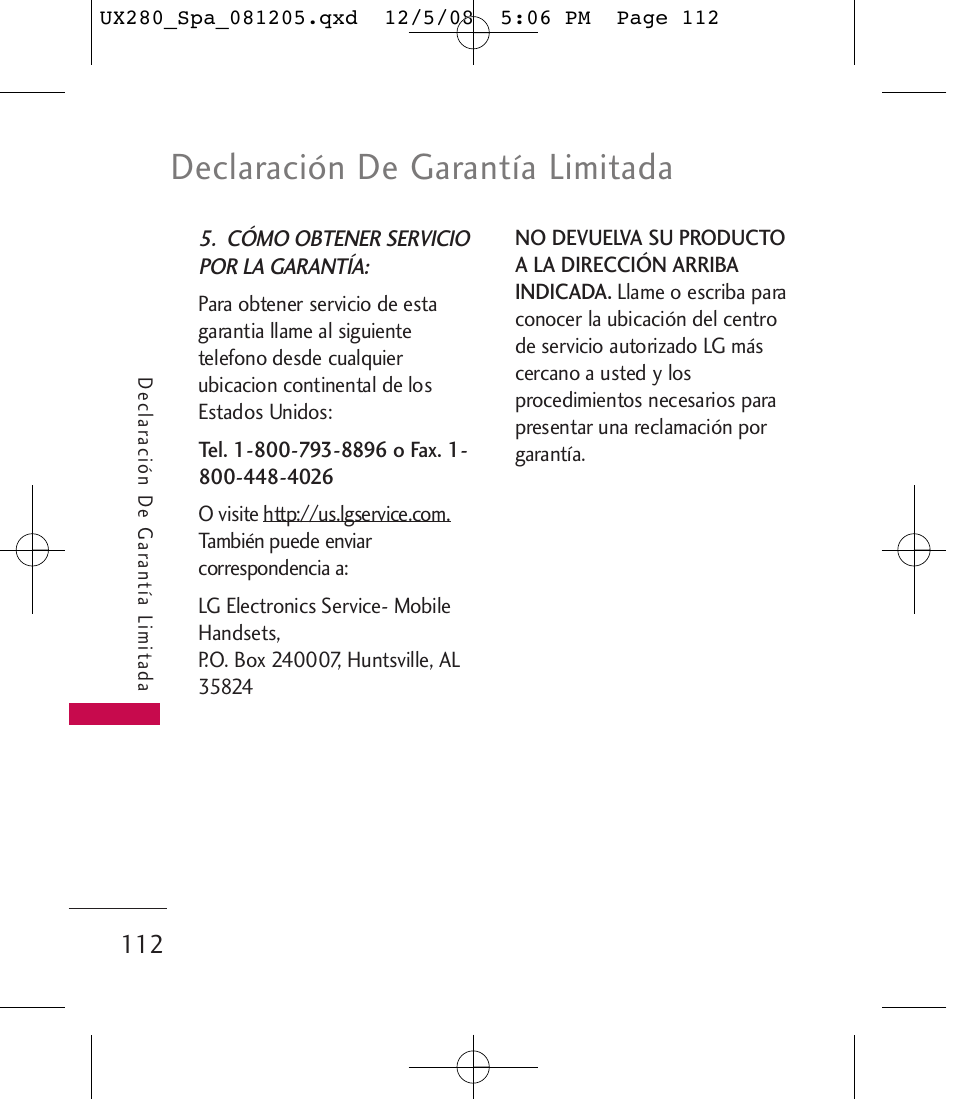 Declaración de garantía limitada | LG LGUX280 User Manual | Page 221 / 226