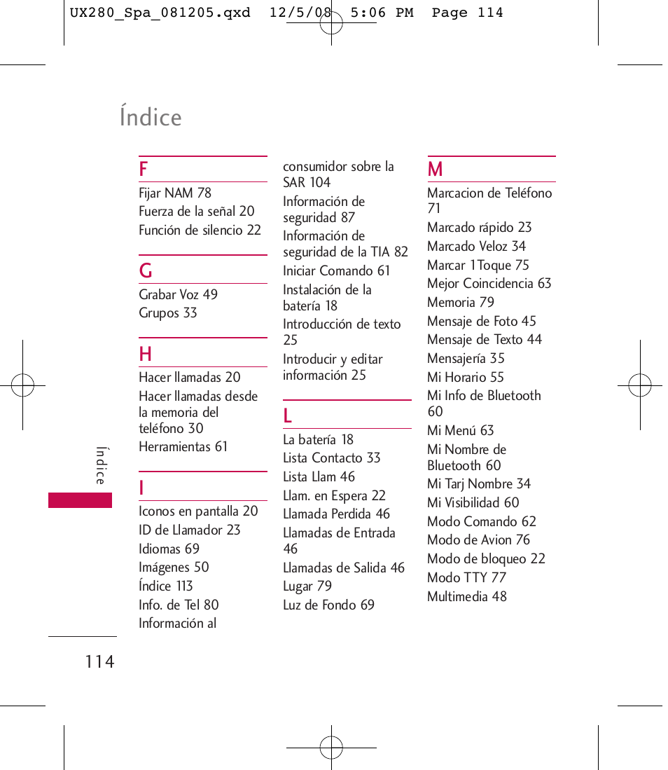 Índice | LG LGUX280 User Manual | Page 223 / 226