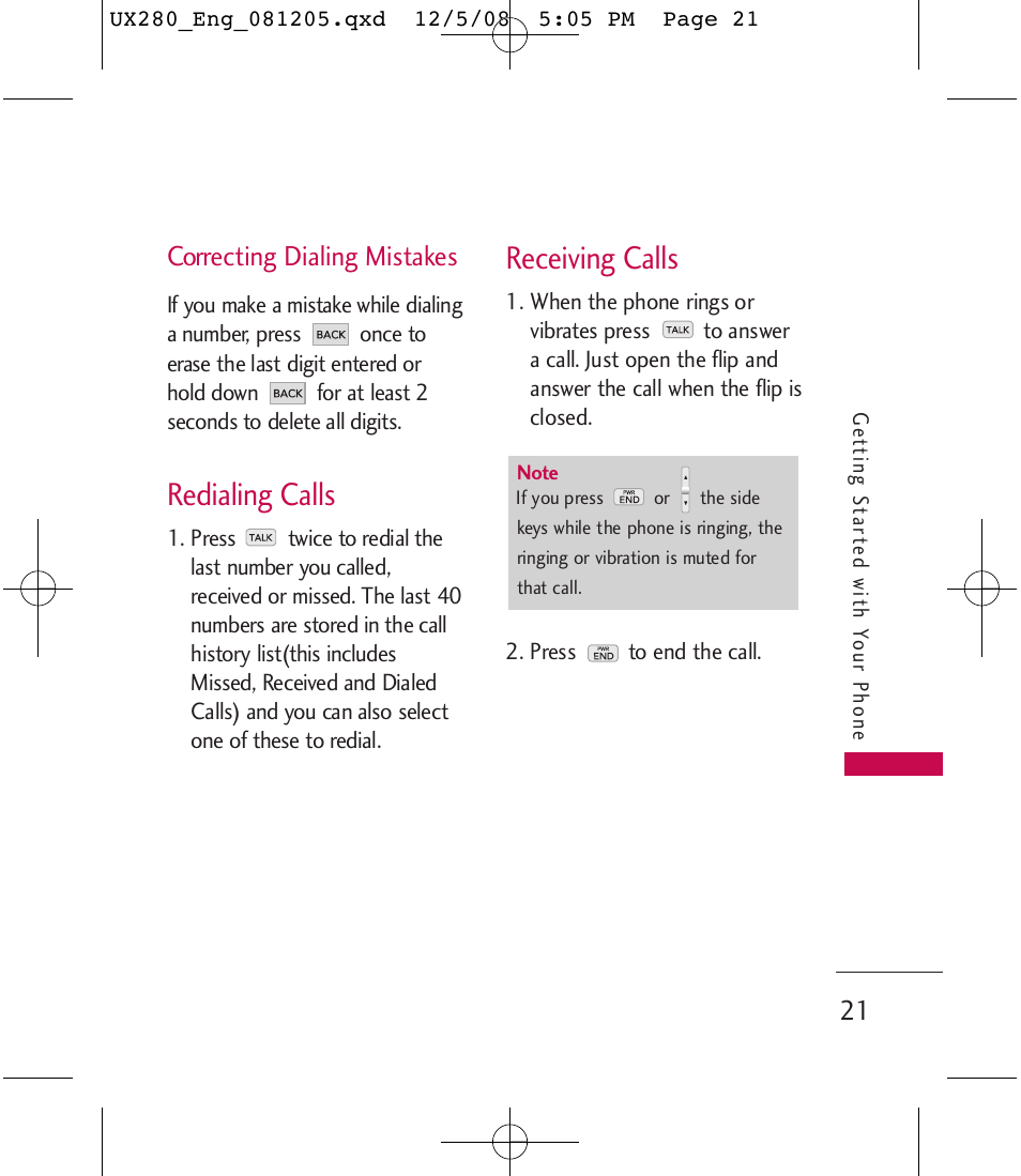 Redialing calls, Receiving calls, Correcting dialing mistakes | LG LGUX280 User Manual | Page 23 / 226