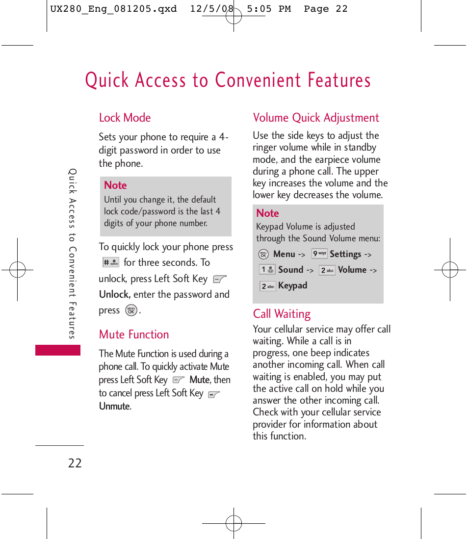 Quick access to convenient features | LG LGUX280 User Manual | Page 24 / 226