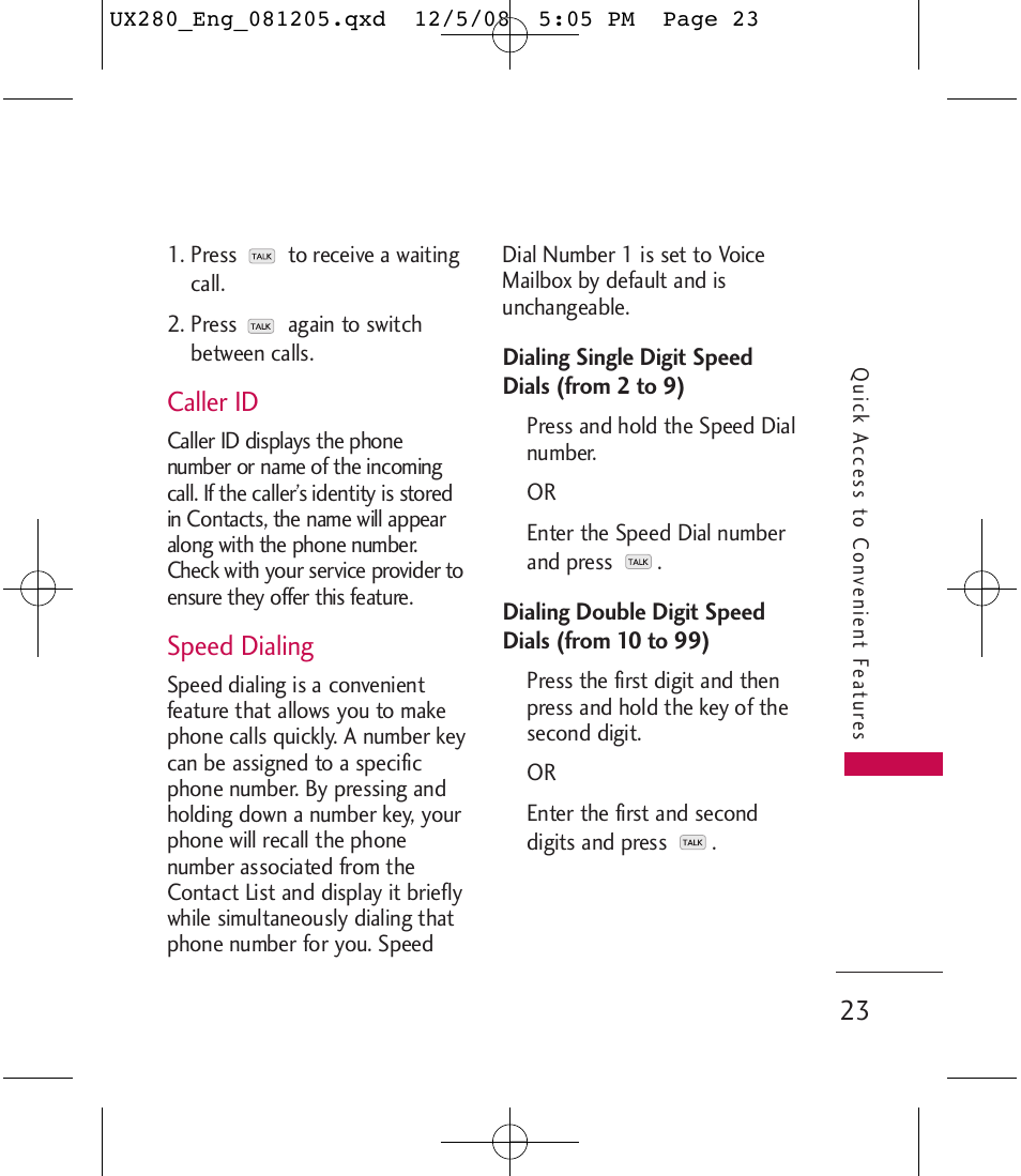 Caller id, Speed dialing | LG LGUX280 User Manual | Page 25 / 226