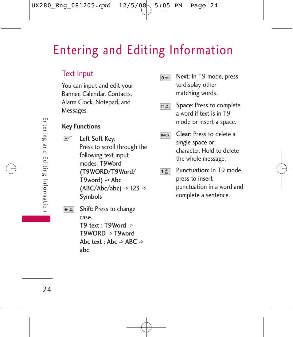 Entering and editing information | LG LGUX280 User Manual | Page 26 / 226