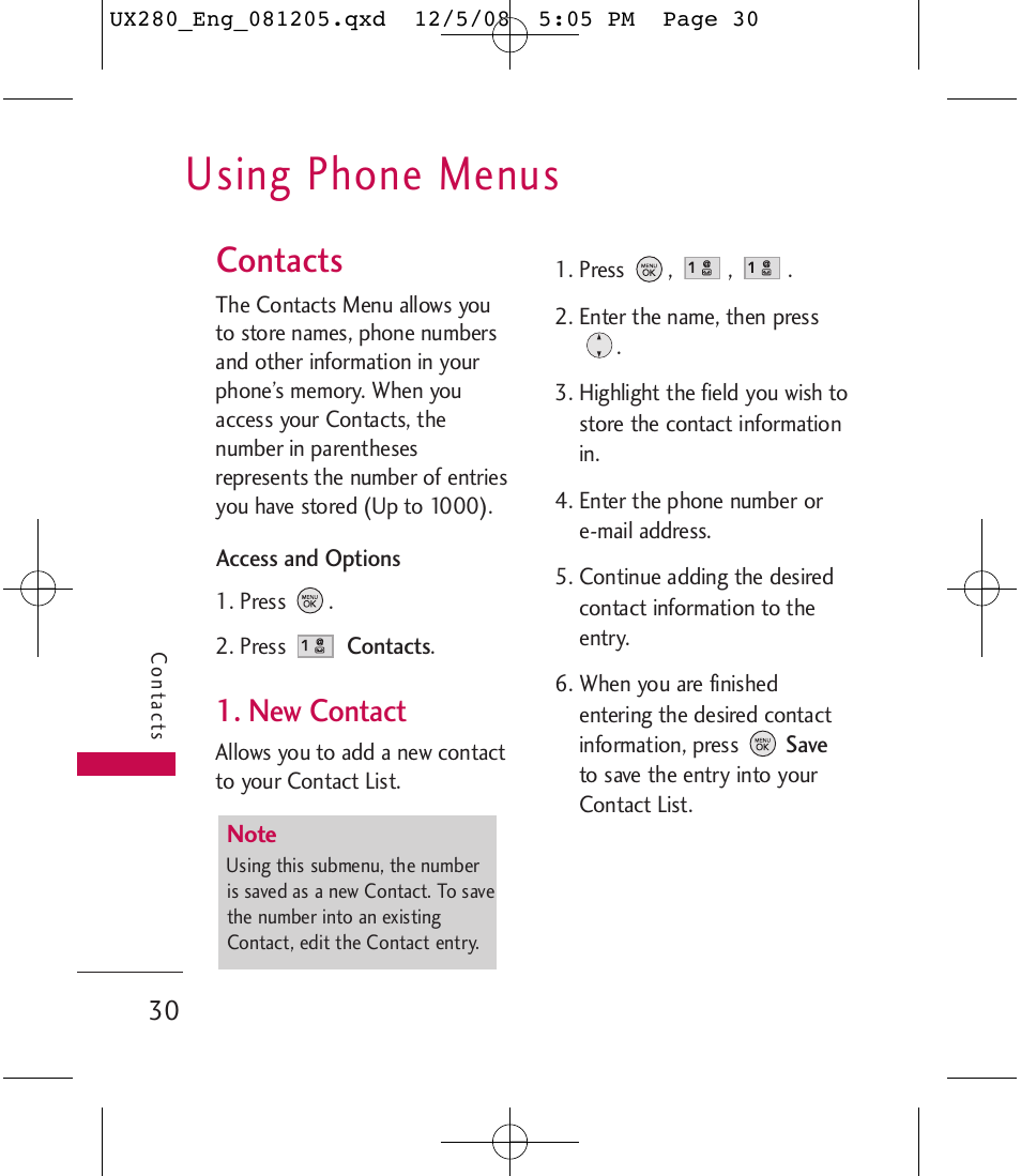 Using phone menus, Contacts, New contact | LG LGUX280 User Manual | Page 32 / 226