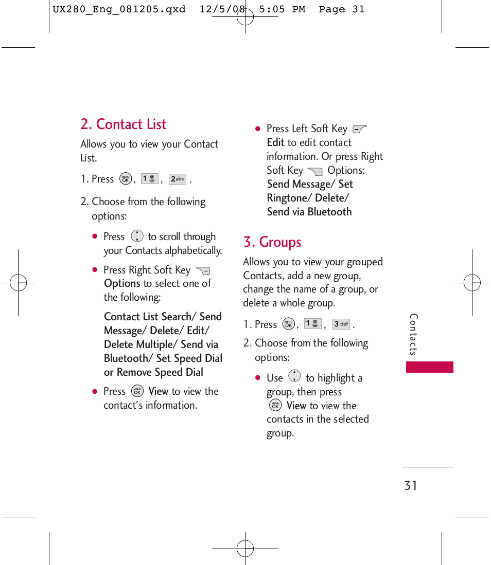 Contact list, Groups | LG LGUX280 User Manual | Page 33 / 226