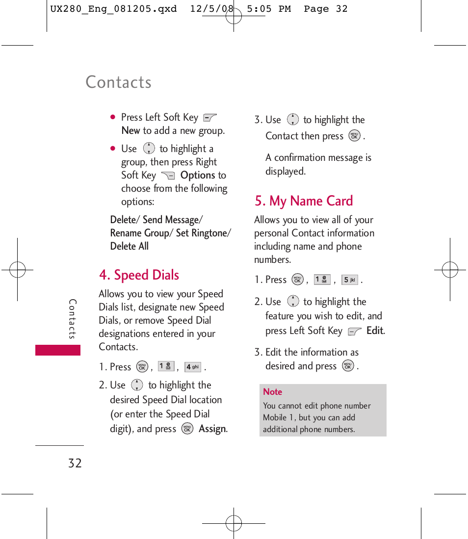 Contacts, Speed dials, My name card | LG LGUX280 User Manual | Page 34 / 226