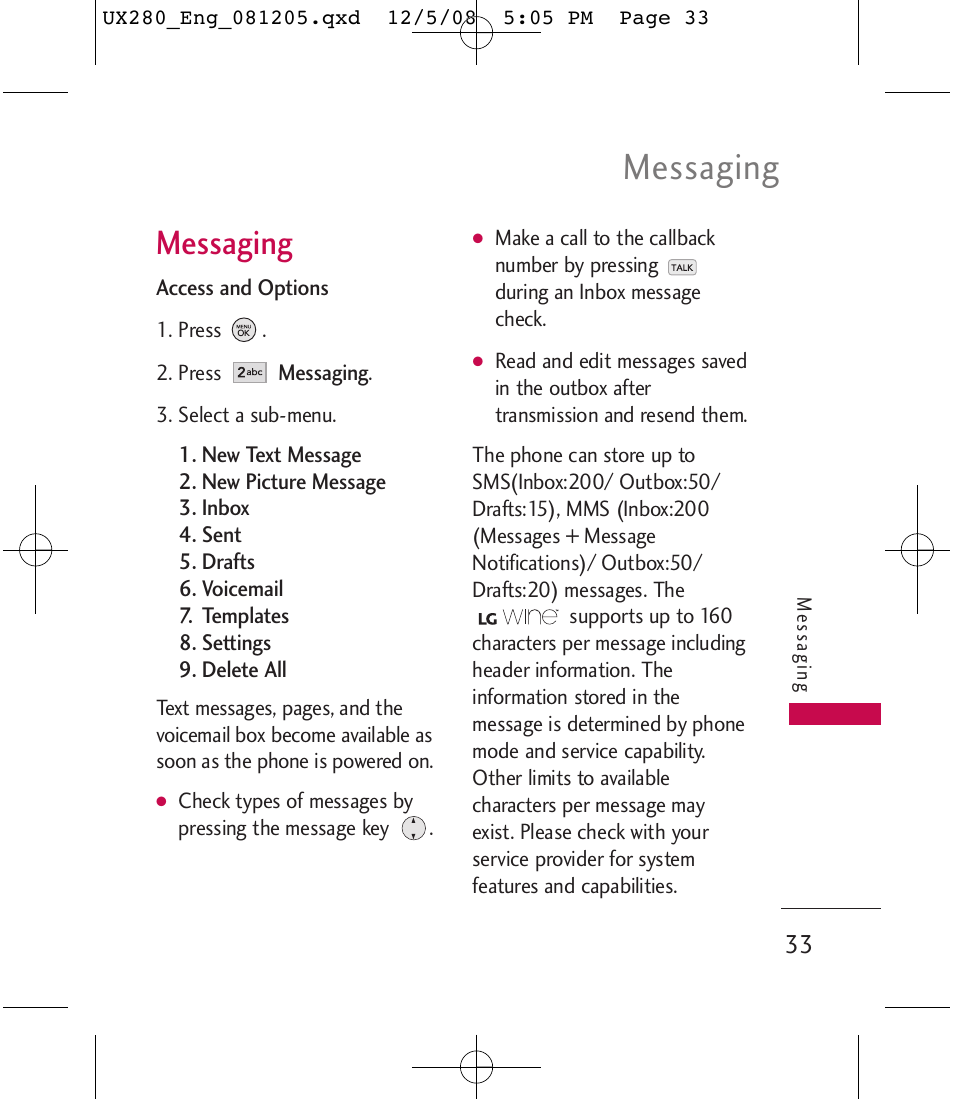 Messaging | LG LGUX280 User Manual | Page 35 / 226