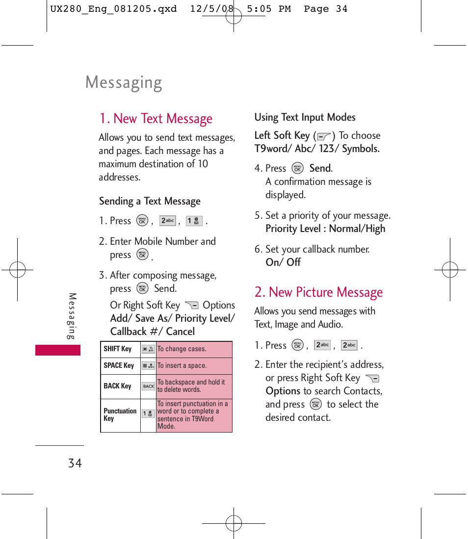 Messaging, New text message, New picture message | LG LGUX280 User Manual | Page 36 / 226