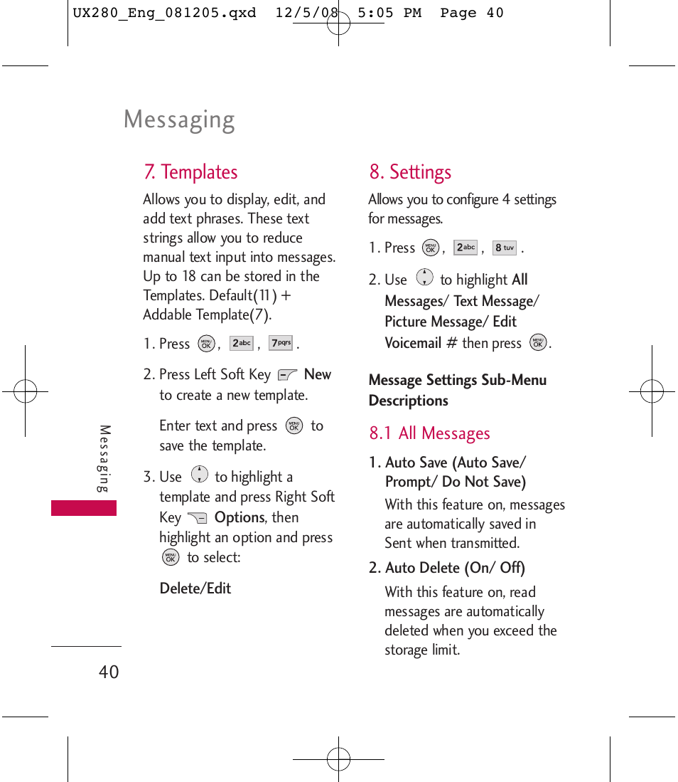 Messaging, Templates, Settings | LG LGUX280 User Manual | Page 42 / 226