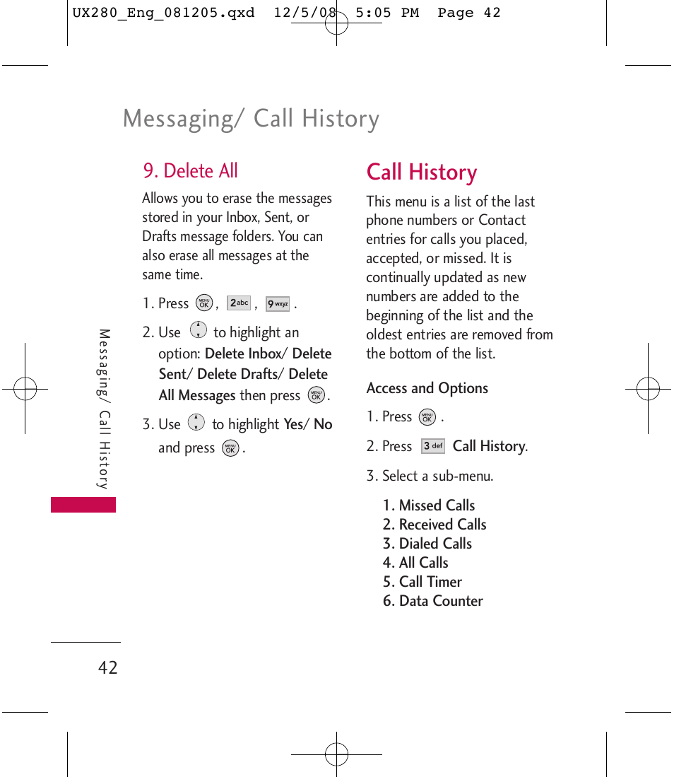 Messaging/ call history, Call history, Delete all | LG LGUX280 User Manual | Page 44 / 226