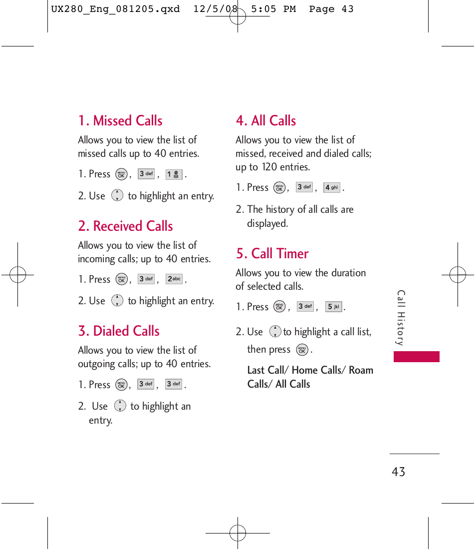 Missed calls, Received calls, Dialed calls | All calls, Call timer | LG LGUX280 User Manual | Page 45 / 226