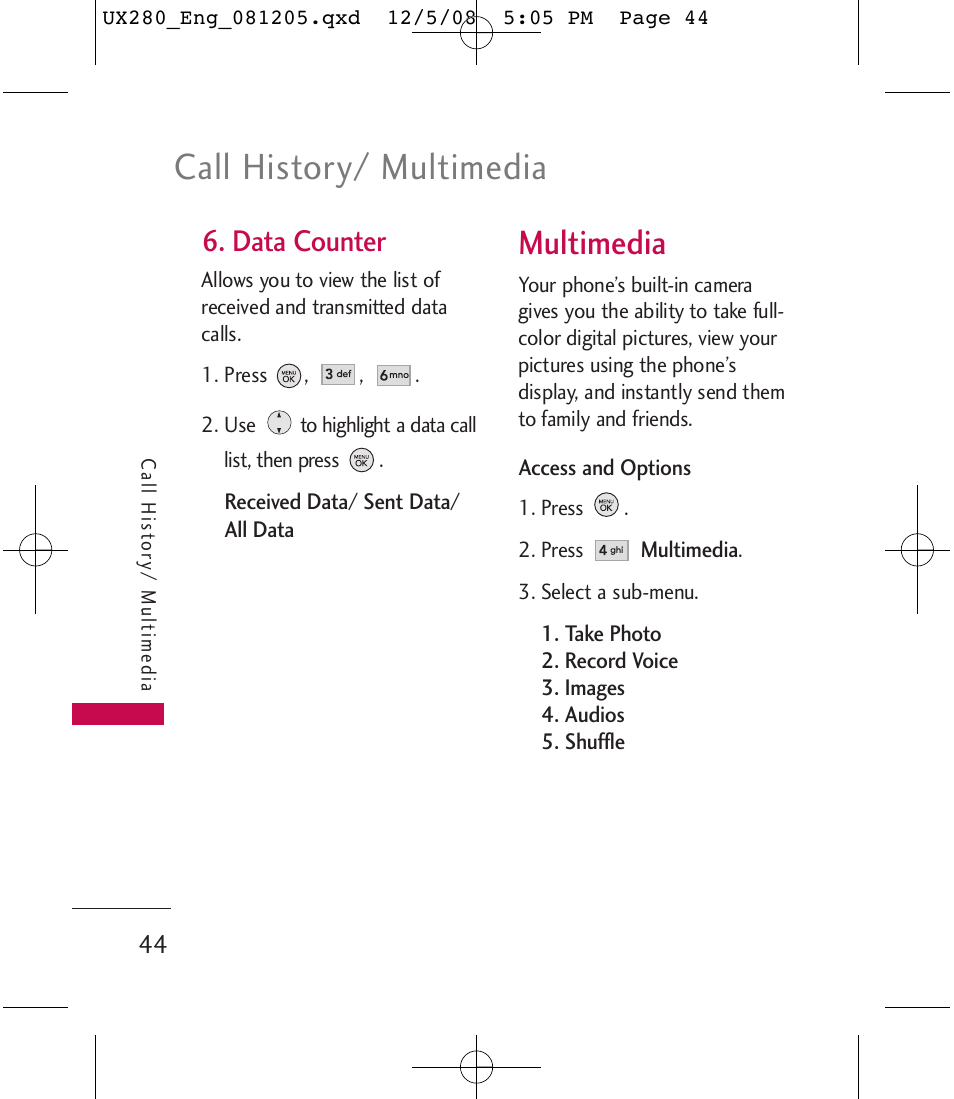 Call history/ multimedia, Multimedia, Data counter | LG LGUX280 User Manual | Page 46 / 226