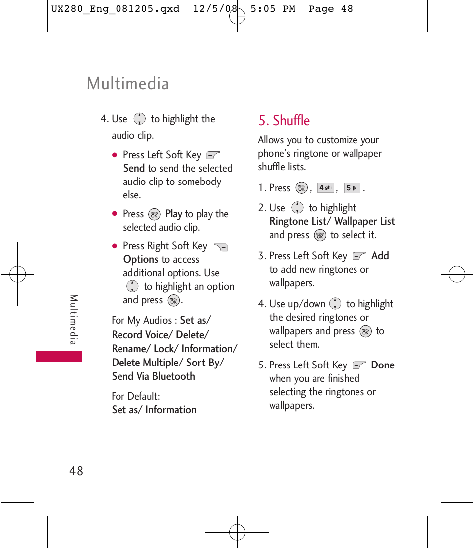 Multimedia, Shuffle | LG LGUX280 User Manual | Page 50 / 226