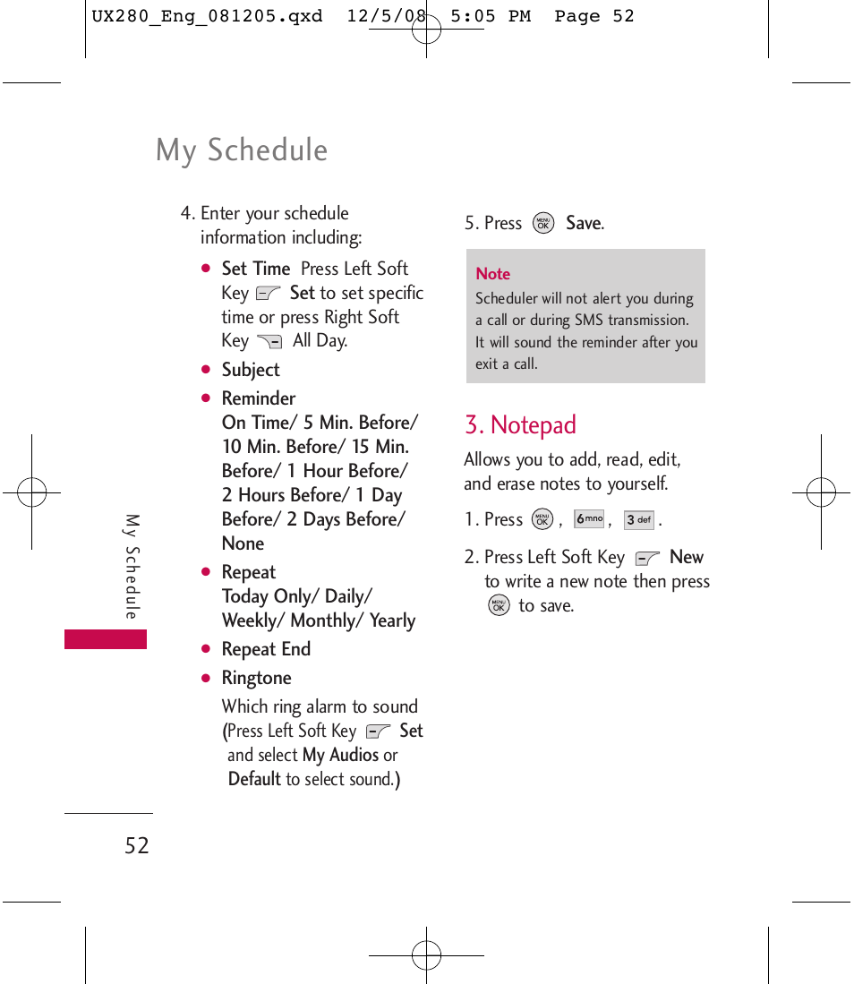 My schedule | LG LGUX280 User Manual | Page 54 / 226