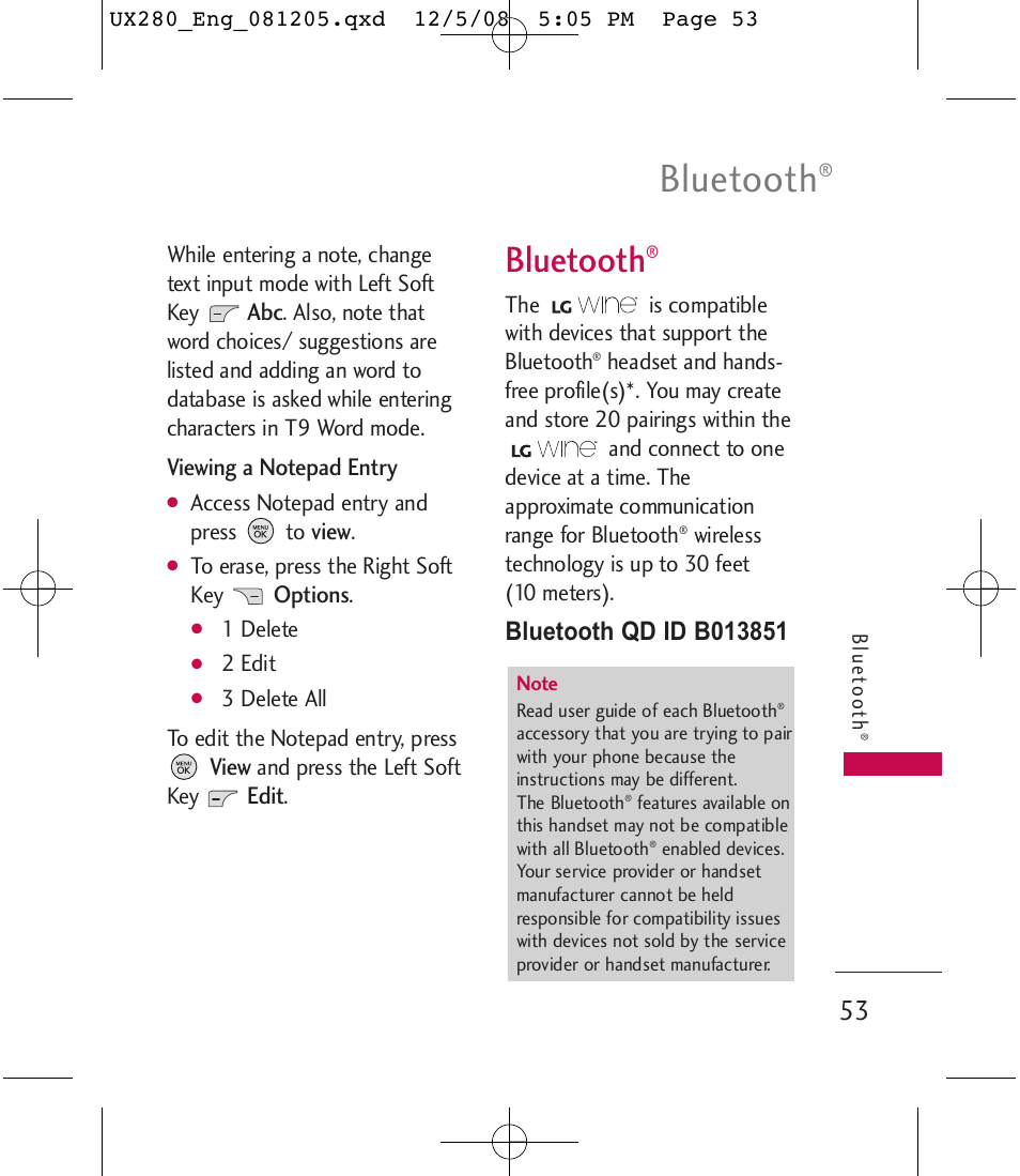 Bluetooth | LG LGUX280 User Manual | Page 55 / 226