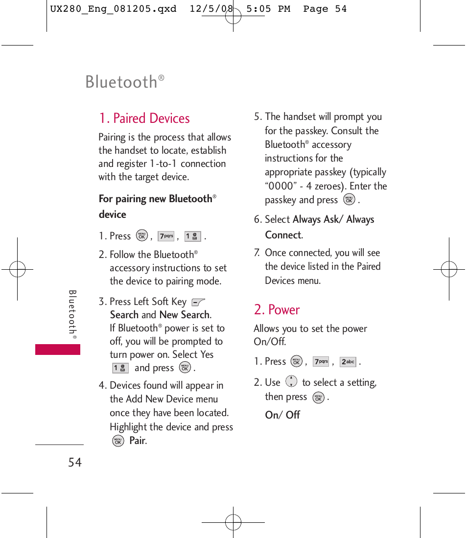 Bluetooth, Paired devices, Power | LG LGUX280 User Manual | Page 56 / 226