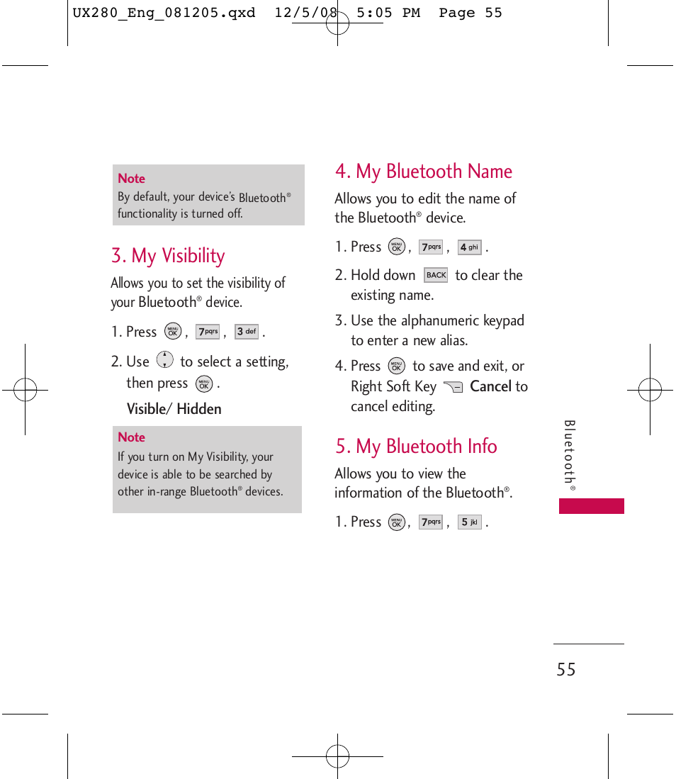 My visibility, My bluetooth name, My bluetooth info | LG LGUX280 User Manual | Page 57 / 226