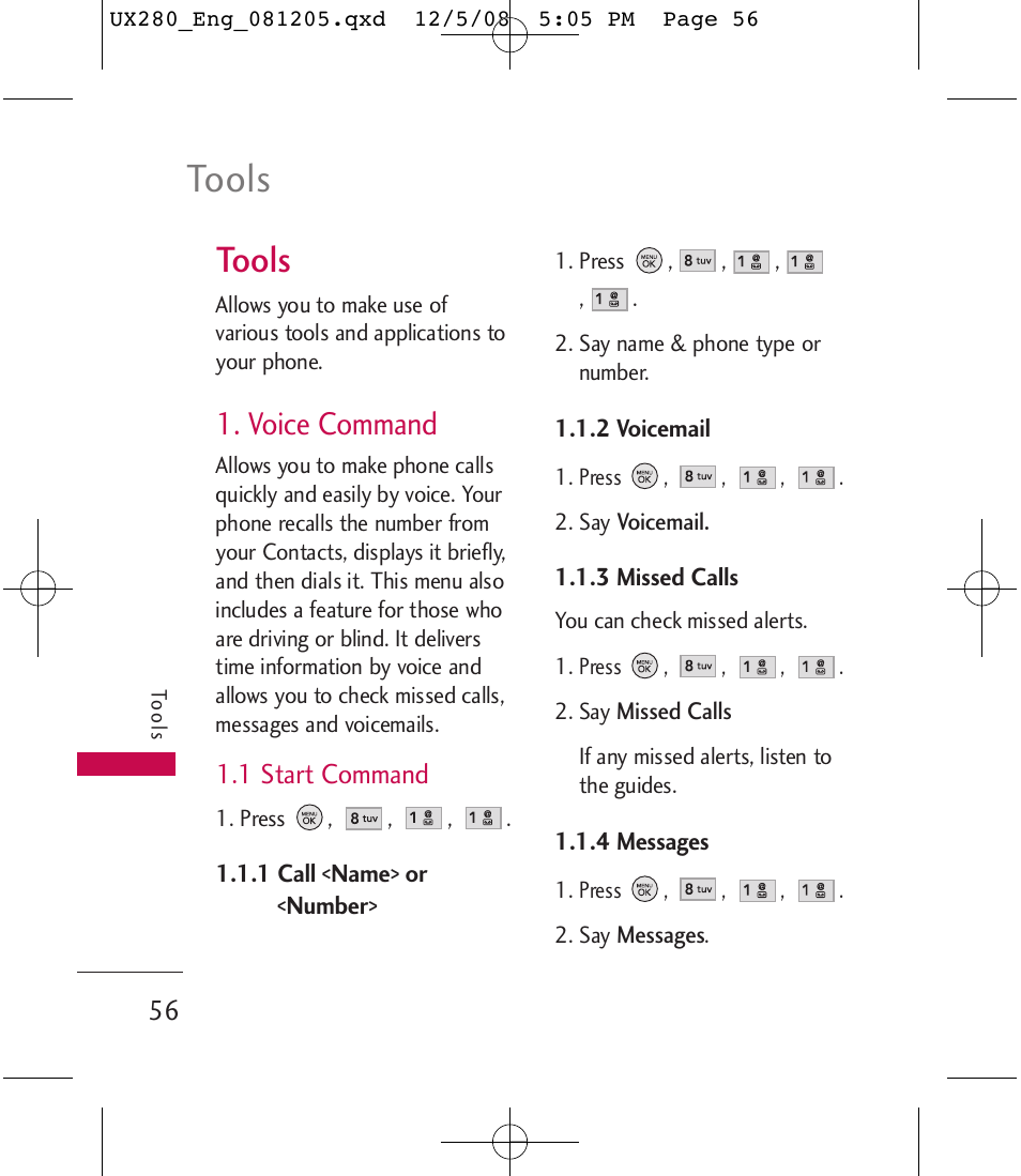 Tools, Voice command | LG LGUX280 User Manual | Page 58 / 226