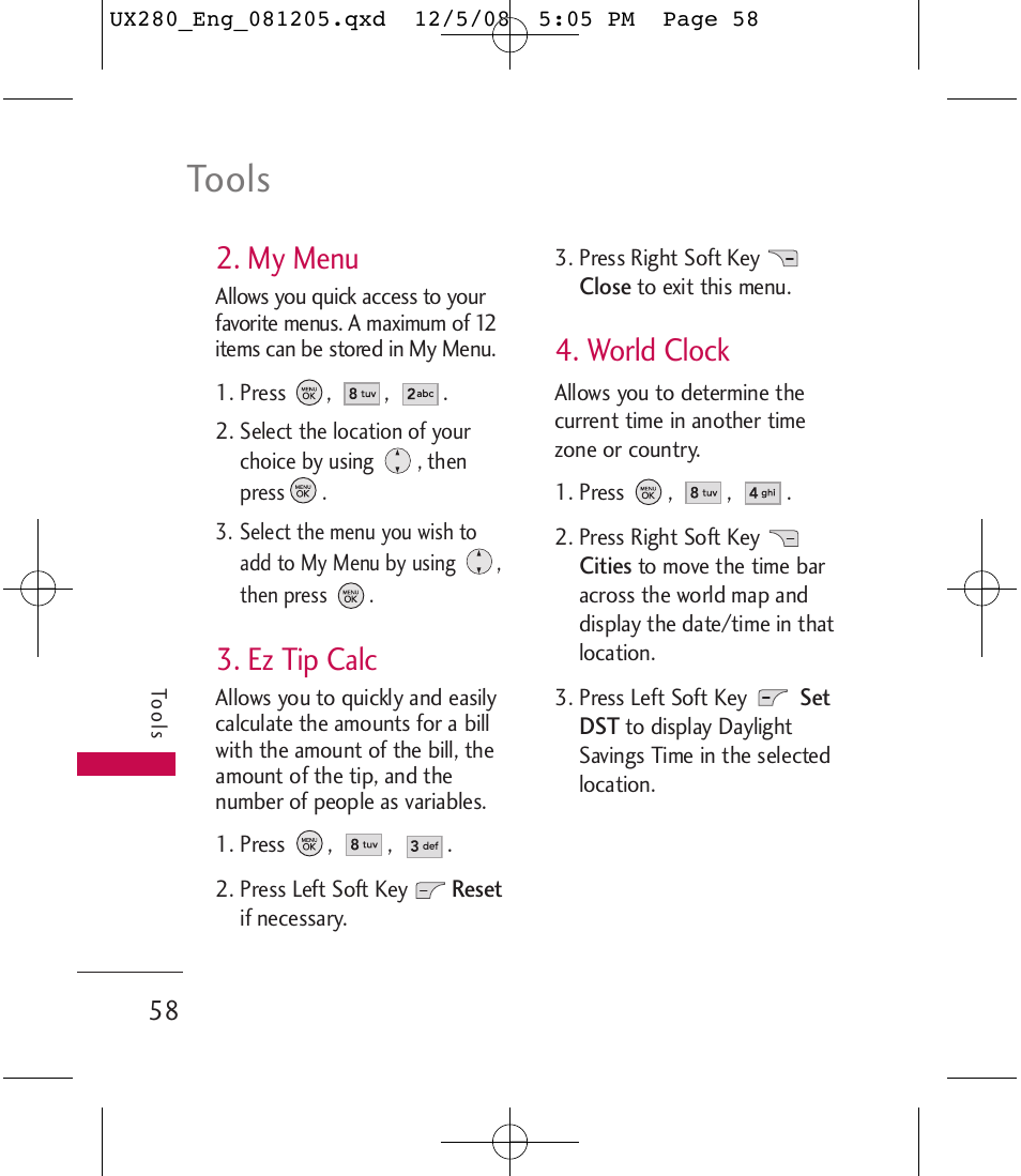 Tools, My menu, Ez tip calc | World clock | LG LGUX280 User Manual | Page 60 / 226