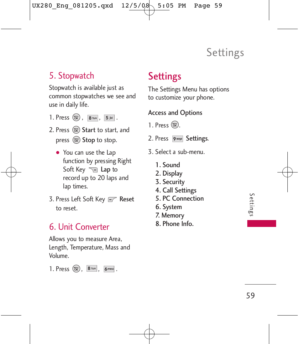 Settings, Stopwatch, Unit converter | LG LGUX280 User Manual | Page 61 / 226