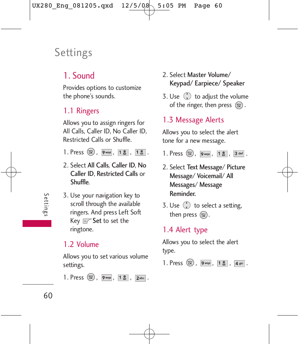 Settings, Sound | LG LGUX280 User Manual | Page 62 / 226