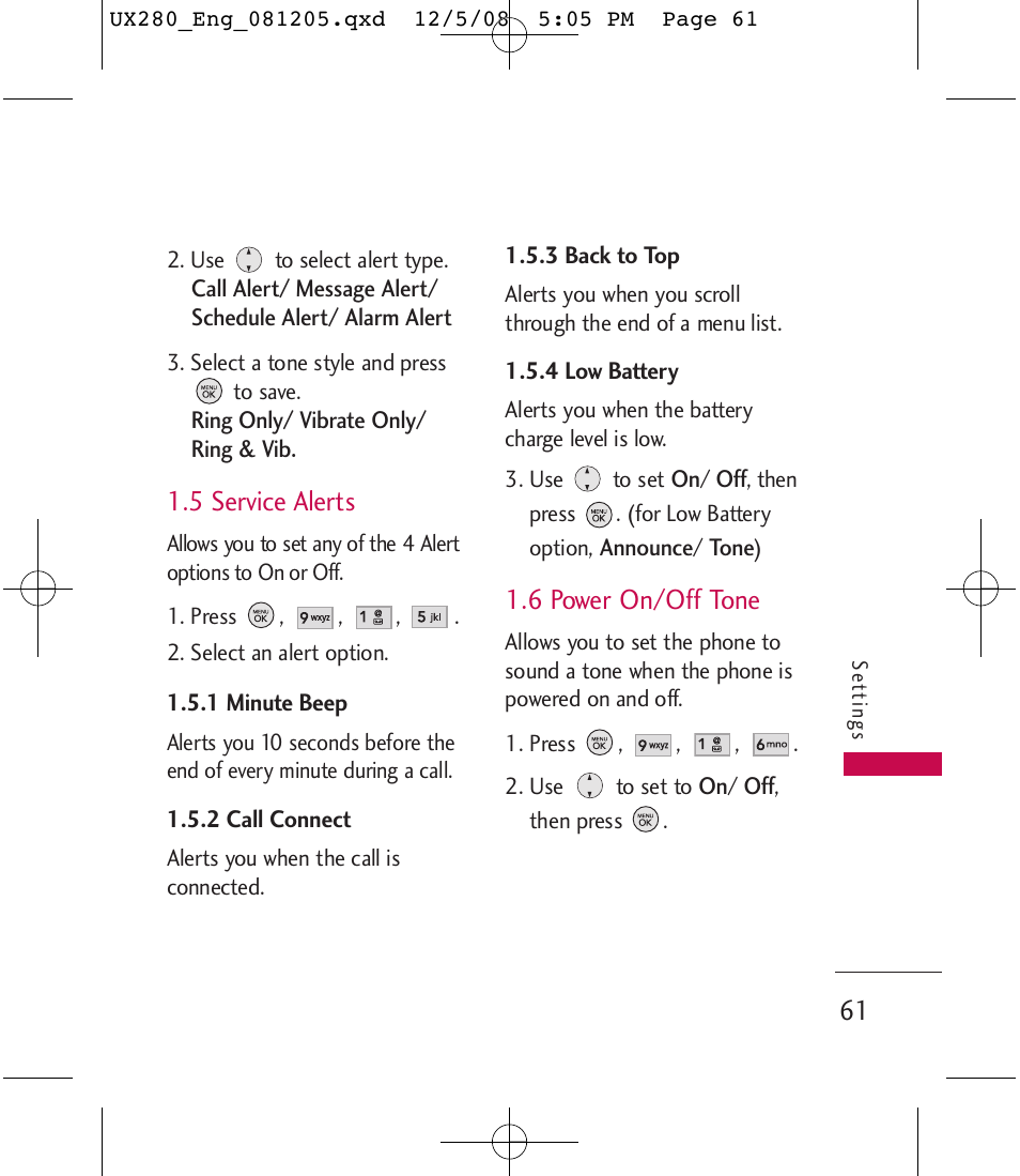 5 service alerts, 6 power on/off tone | LG LGUX280 User Manual | Page 63 / 226