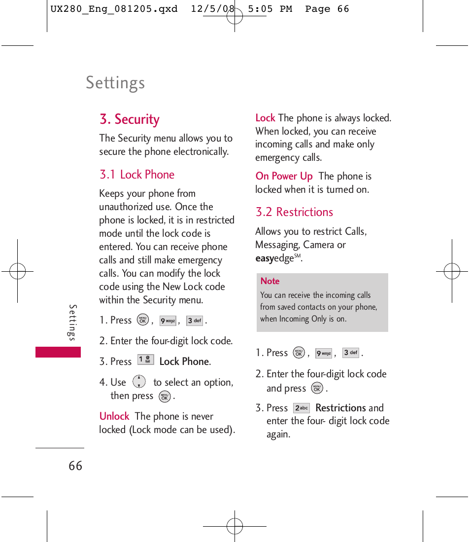 Settings, Security, 1 lock phone | 2 restrictions | LG LGUX280 User Manual | Page 68 / 226