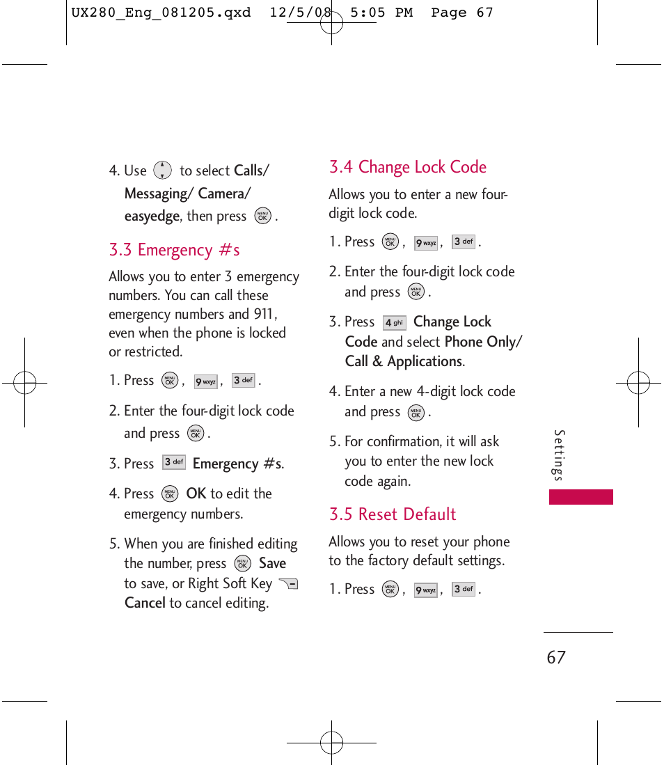 3 emergency #s, 4 change lock code, 5 reset default | LG LGUX280 User Manual | Page 69 / 226