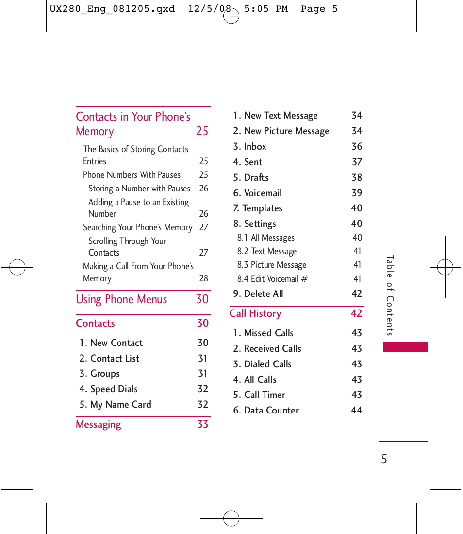 Using phone menus 30 | LG LGUX280 User Manual | Page 7 / 226