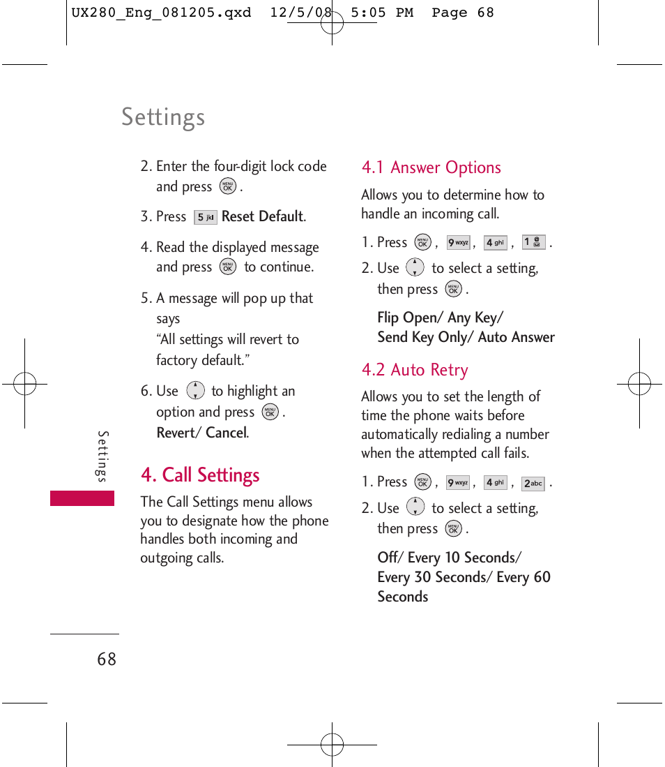 Settings, Call settings | LG LGUX280 User Manual | Page 70 / 226