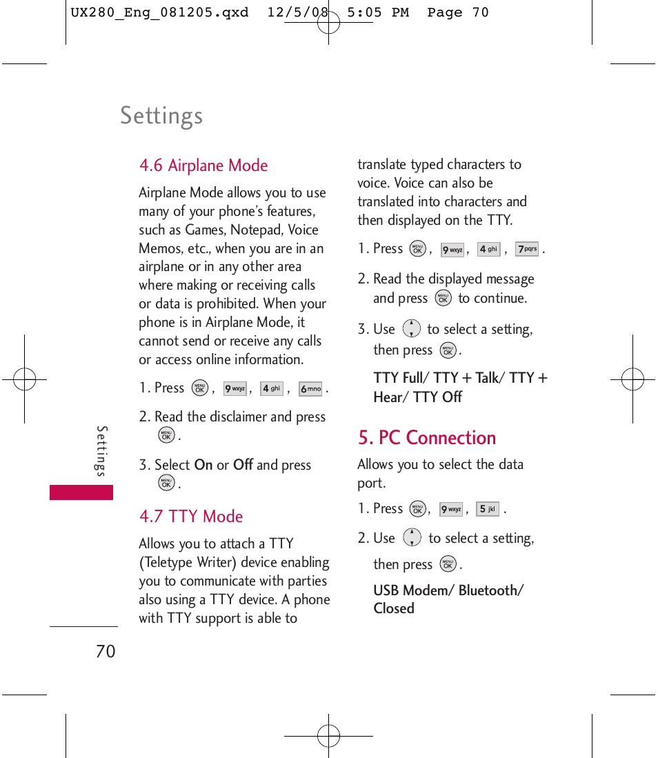 Settings, Pc connection | LG LGUX280 User Manual | Page 72 / 226