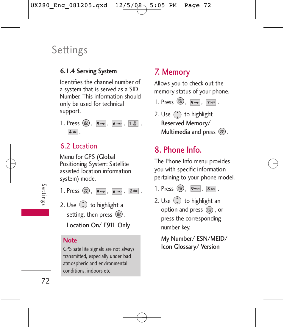 Settings, Phone info | LG LGUX280 User Manual | Page 74 / 226