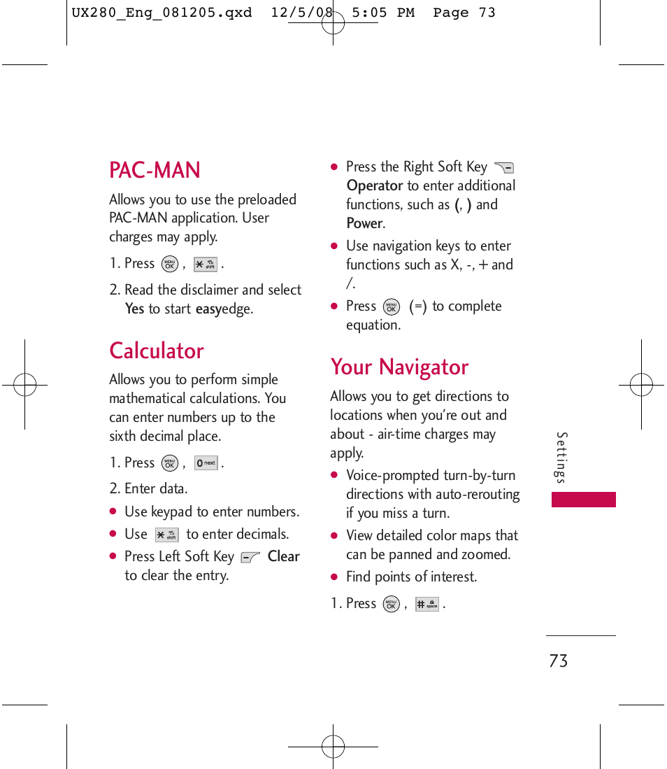 Pac-man, Calculator, Your navigator | LG LGUX280 User Manual | Page 75 / 226