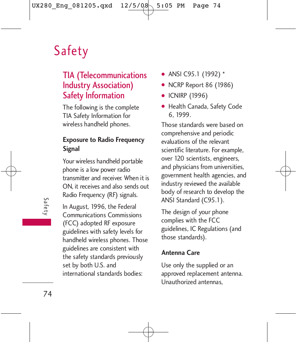 Safety | LG LGUX280 User Manual | Page 76 / 226