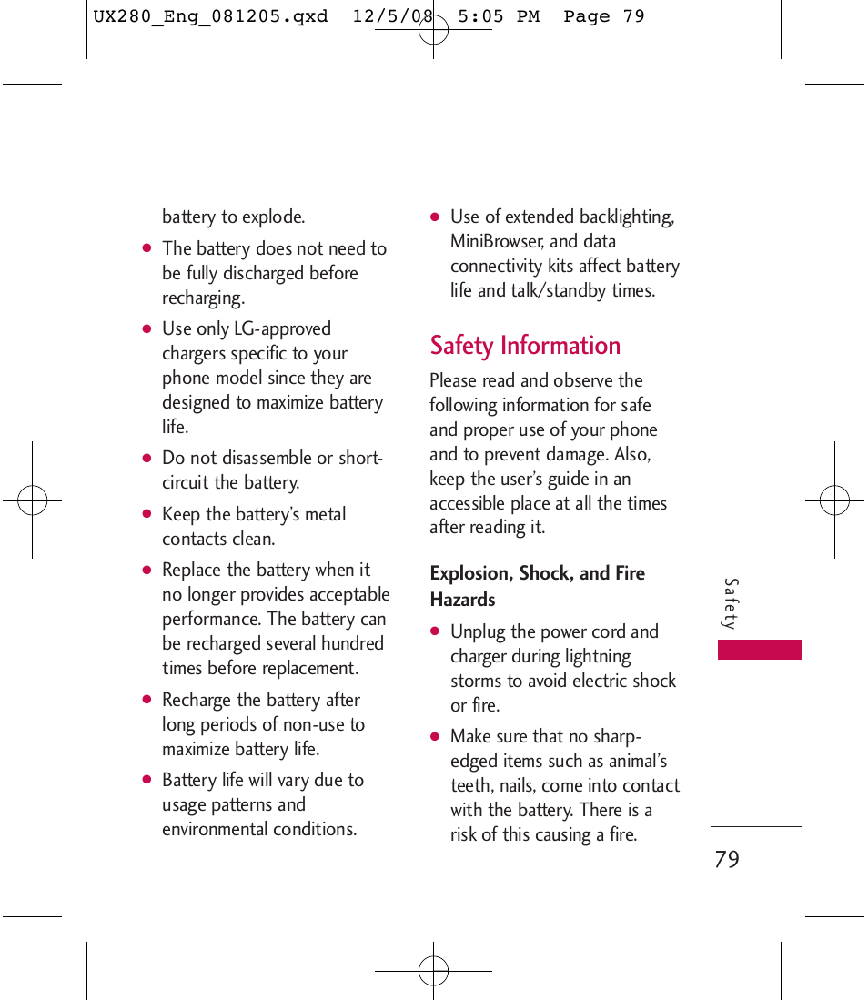 Safety information, Explosion, shock, and fire hazards | LG LGUX280 User Manual | Page 81 / 226