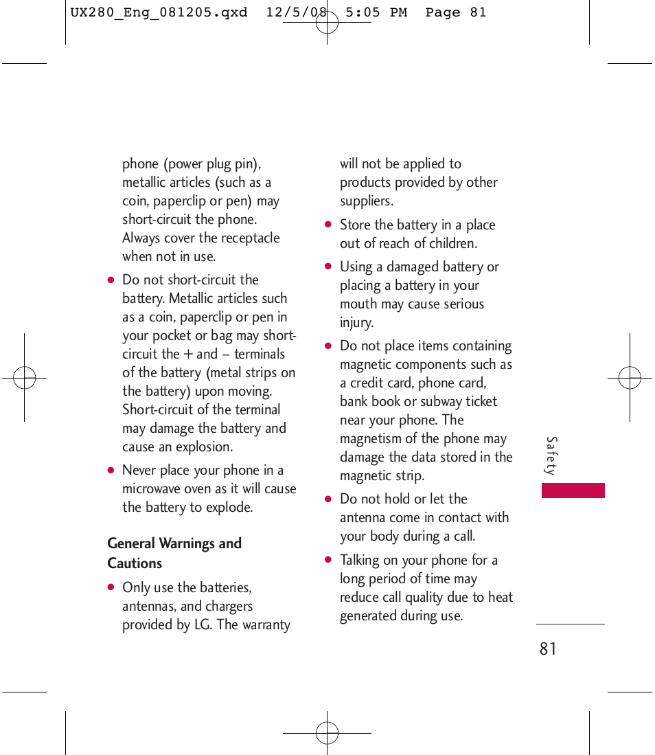 General warnings and cautions | LG LGUX280 User Manual | Page 83 / 226