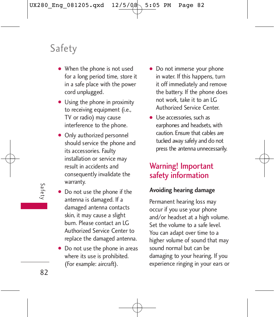 Safety, Warning! important safety information | LG LGUX280 User Manual | Page 84 / 226