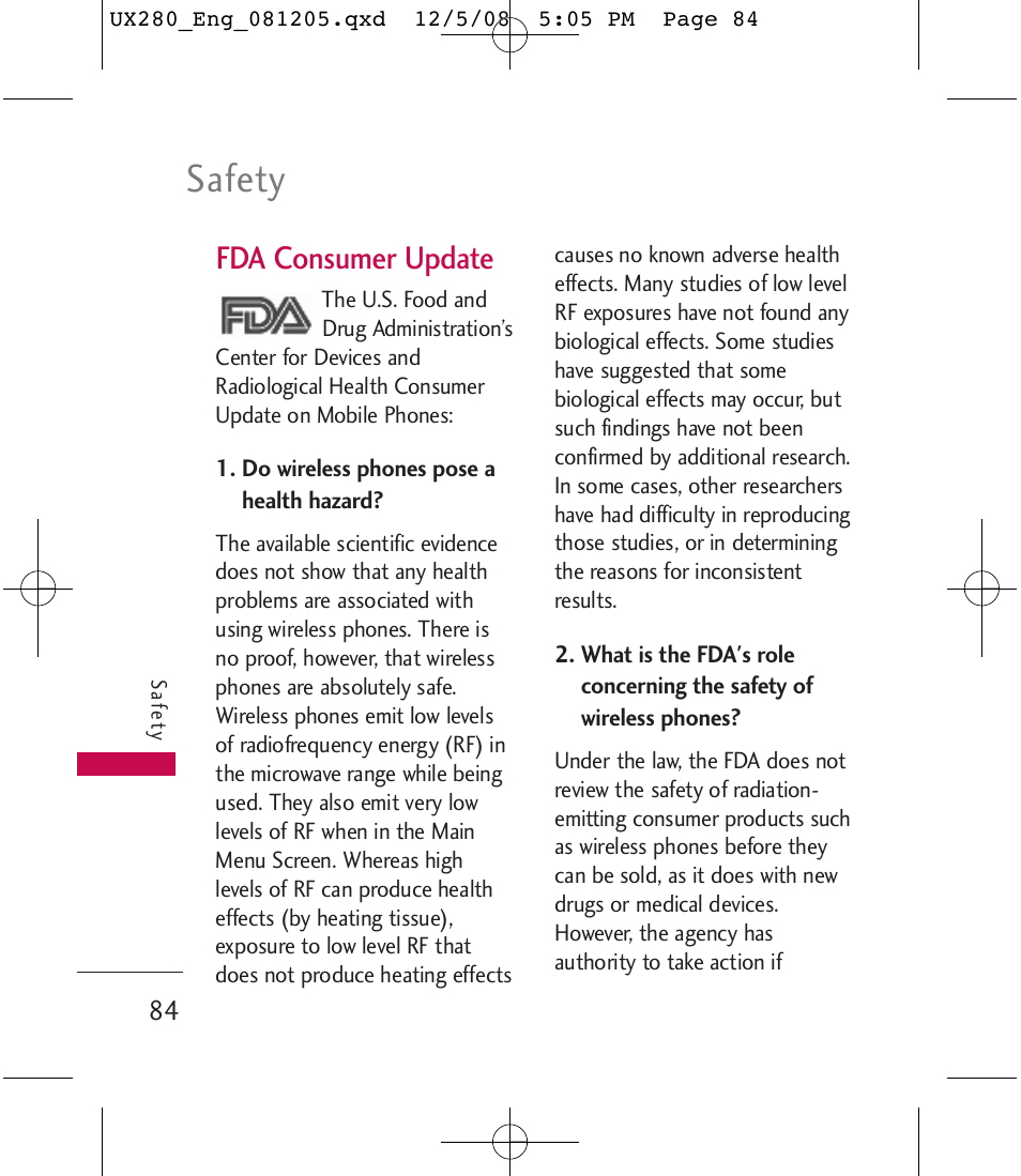 Safety, Fda consumer update | LG LGUX280 User Manual | Page 86 / 226