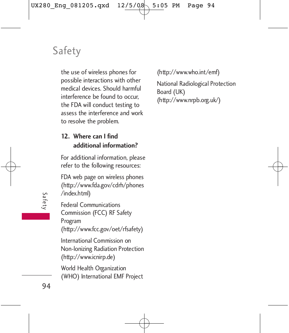 Safety | LG LGUX280 User Manual | Page 96 / 226