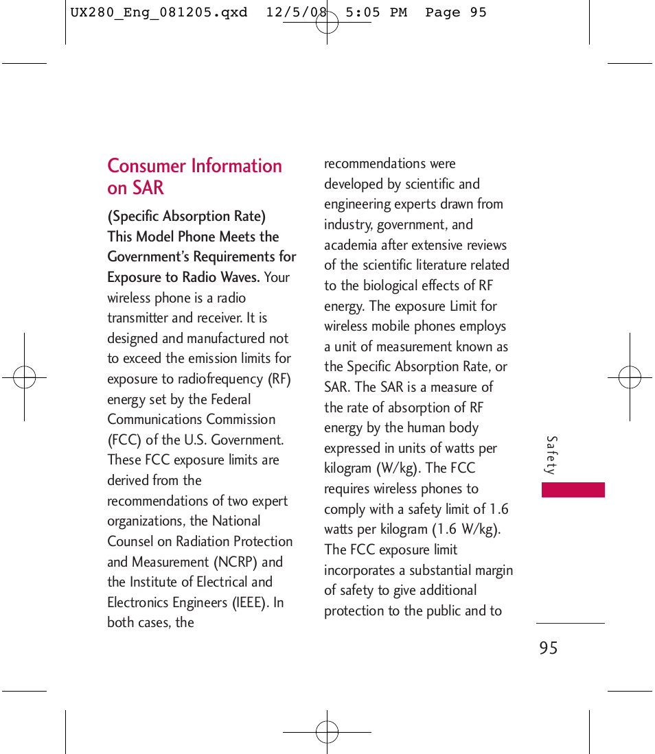 Consumer information on sar | LG LGUX280 User Manual | Page 97 / 226