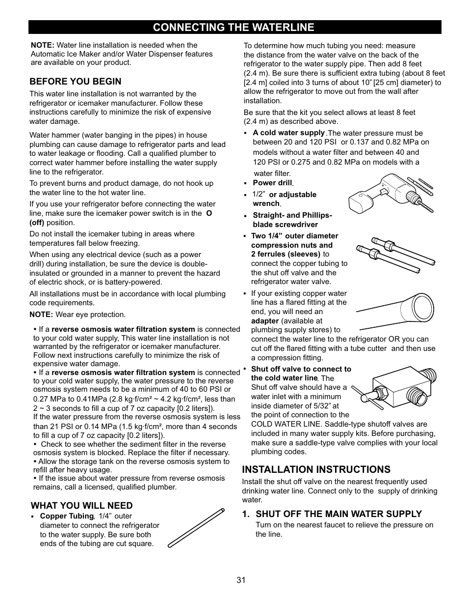 Connecting the waterline, Installation instructions | LG LBC22520SW User Manual | Page 28 / 35