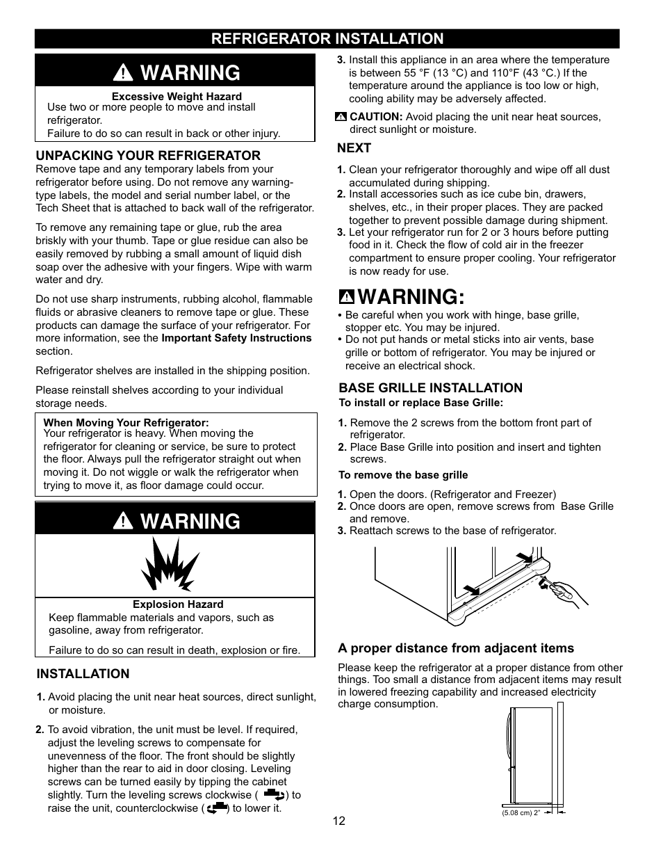 Warning, Refrigerator installation | LG LBC22520SW User Manual | Page 9 / 35