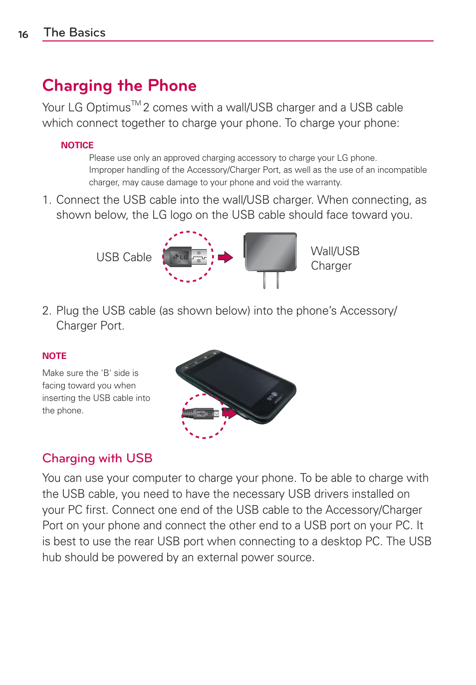 Charging the phone, The basics, Charging with usb | LG AS680 User Manual | Page 18 / 372