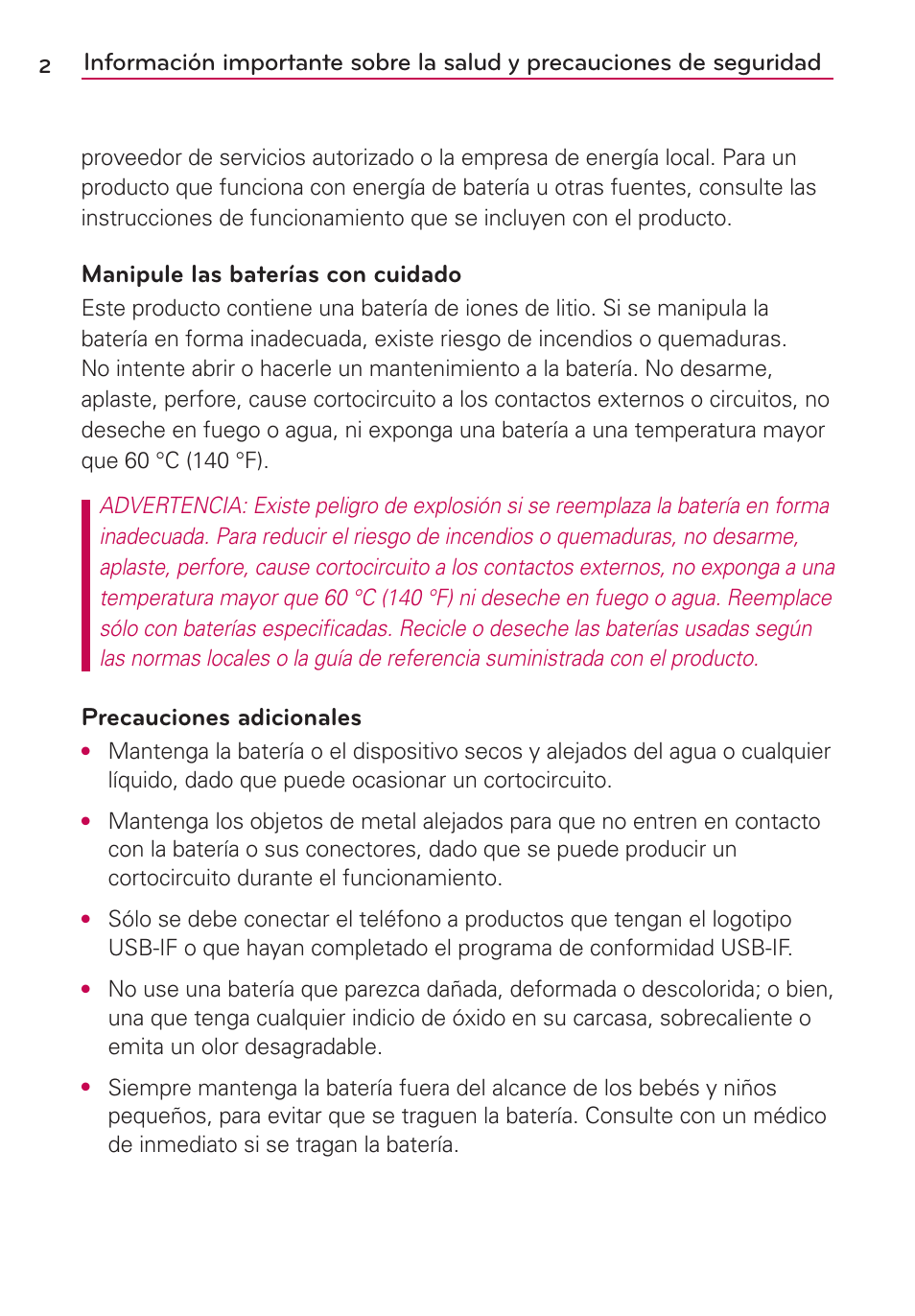 Manipule las baterías con cuidado, Precauciones adicionales | LG AS680 User Manual | Page 183 / 372