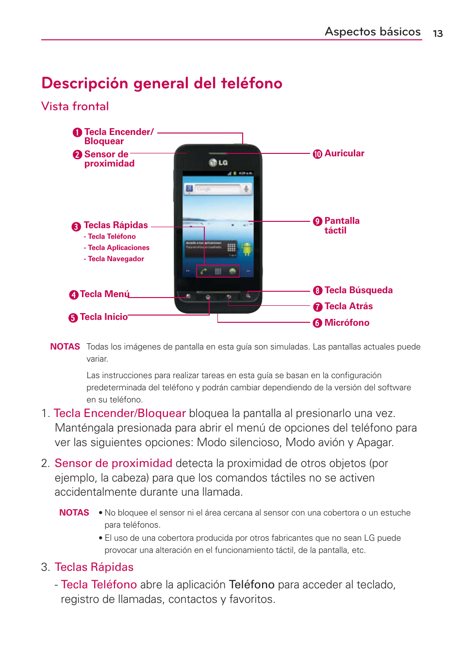 Aspectos básicos, Descripción general del teléfono, Vista frontal | LG AS680 User Manual | Page 194 / 372